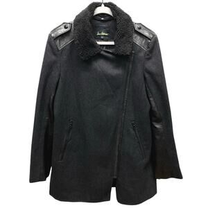 Sam Edelman Womens L Black Wool Blend Asymmetrical Coat Faux Leather Trim Jacket